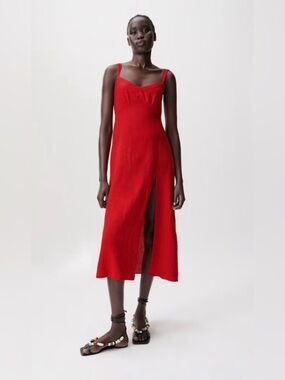 Zara Red Linen Midi Dress Size XS